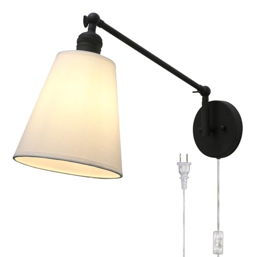 PERMO Retro Swing Arm Wall Sconce Plug in Wall Lamp Black Single Sconce with White Fabric Shade Wall Light Fixture for Bedroom Living Room Office - color: Black