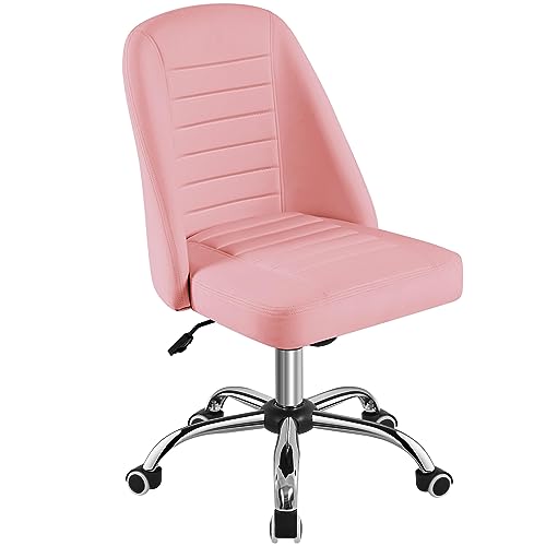 Yaheetech Pink Faux Leather Armless Vanity Desk Chair, Adjustable Swivel | Compact faux leather seat fits small vanity, sewing or office desks; adjustable height, swivels on smooth wheels, fast setup. - color: Pink