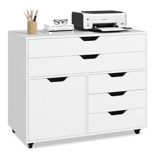 Rolling 5-Drawer File Cabinet, Mobile Printer Stand (White) | Modern Lateral Filing Cabinet | 5 Universal Wheels | For Living Room, Study, Home Office - color: White