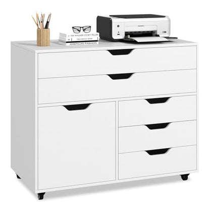 Rolling 5-Drawer File Cabinet, Mobile Printer Stand (White) | Modern Lateral Filing Cabinet | 5 Universal Wheels | For Living Room, Study, Home Office - color: White