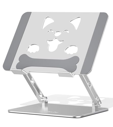 Aoviho Aluminum Laptop Stand for Desk Fit for All 10"-17.3" Laptops, Silver | Height-adjustable Notebook Holder, Ergonomic Computer Riser with Unique Puppy Cooling Vent, for Mac, Dell, Lenovo, HP - color: Silver
