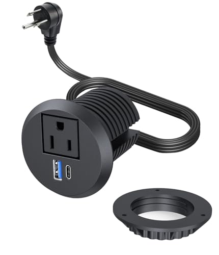 Desktop Power Grommet 2inch with PD 20W Fast Charging USB C Port,QC3.0 USB-A Port ETL Listed Conference Recessed Power Outlet Grommet for Office Home Nightstand Kitcheng,6ft Extension Cord (Black)