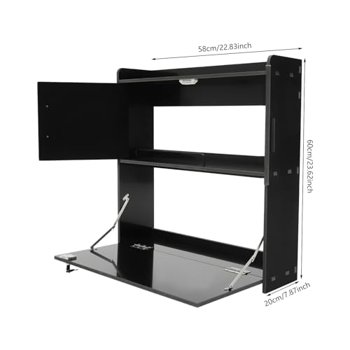 Wall Mounted Folding Desk with LED Light, Space-Saving Laptop Table for Home Office, Writing Workstation with Storage Shelves and Drawer, Floating Cabinet, 58x20x60cm (Black)