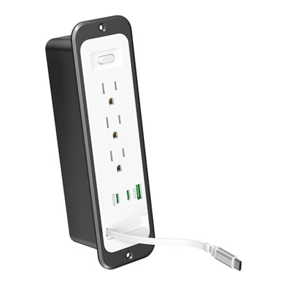 Recessed Power Strip with Retractable USB C Cable,2 PD 20W USB C,Flush Mount Countertop Drawer Outlet, Furniture Hidden Outlet for Side Table,End Table,3 Outlets (White and Black, 10FT-20W USB) - color: White and black, size: 10FT-20W USB