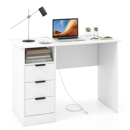 Tangkula White Desk with 3 Drawers & Charge Station, Home Office Desk with Open Shelf, Study Writing Desk, PC Desk Computer Workstation, Modern Computer Desk for Bedroom, Study - size: 42.5" x 19"