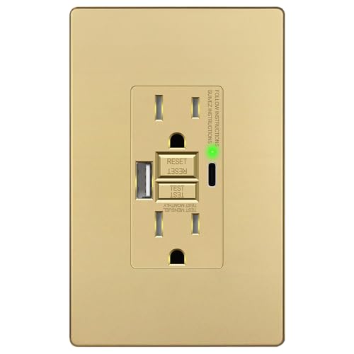 LIDER GFCI USB Outlet 15Amp, 4.2A USB A&C, ETL Listed, Matte Gold | Tamper-Resistant, Ground Fault Protection, LED Indicator, No-False-Trip Performance, Screwless Wall Plate, Anti-Interference - color: Gold, size: 1 Pack