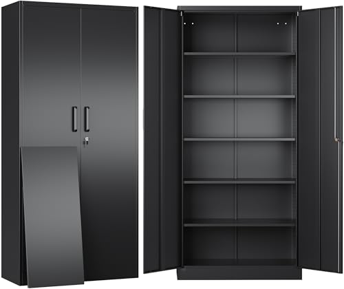 Metal Storage Cabinet with Lock and 5 Adjustable Shelves,Lockable Garage Storage Cabinet,71" Black Steel File Cabinets with Locking Doors,Tool Cabinets for Home,Office,Garage - color: Black, size: 71"H -5 Shelf
