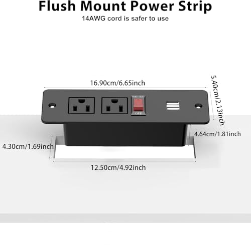 Recessed Power Strip with Switch Flush Mount Hidden Charging Station with USB Plug Multiple Surge Protector Outlet Extender with Extension Cord for Furniture Nightstand Bed Conference Table (Black)