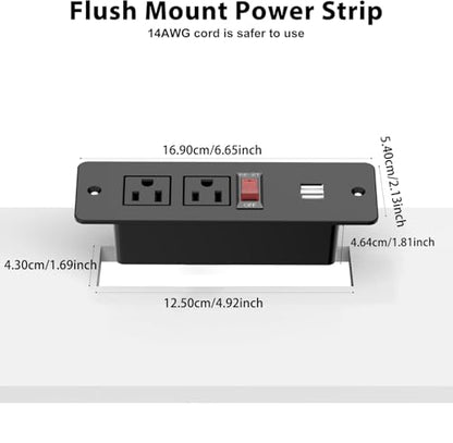Recessed Power Strip with Switch Flush Mount Hidden Charging Station with USB Plug Multiple Surge Protector Outlet Extender with Extension Cord for Furniture Nightstand Bed Conference Table (Black)