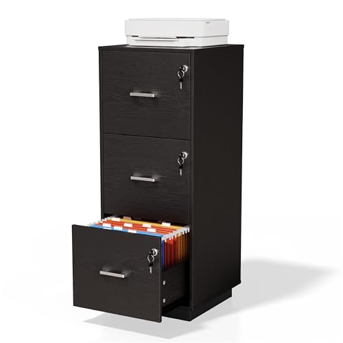 VINGLI 3 Drawer File Cabinet with Lock, Home Office Filing Organizer, for Letter Size File Folder Storage, Wood Tall Vertical Filing Cabinet, Printer Stand, Archivador (Black) - color: Classic Black, size: High 3 Drawer