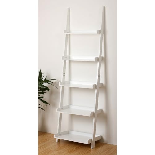 5 Tier Wall-Leaning Ladder Bookshelf, White, 70 Inches | Modern, Storage Rack, Organizer - color: White