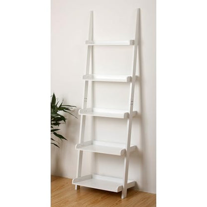 5 Tier Wall-Leaning Ladder Bookshelf, White, 70 Inches | Modern, Storage Rack, Organizer - color: White