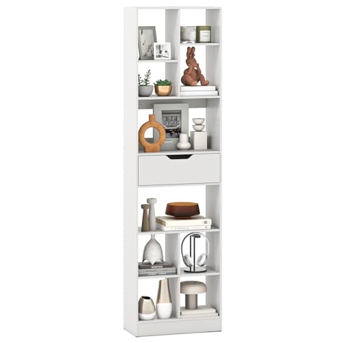 Giantex Bookcase with Drawer, 71” Tall Freestanding Storage Organizer with 10 Cubes, Multifunctional Open Bookshelf Display Rack with Anti-Tipping Kits for Living Room Home Office, White - color: White, size: 8-Tier