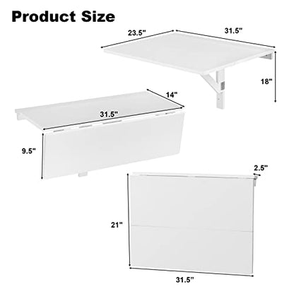COSTWAY Wall Mounted Folding Table, 31.5" x 23.5" Drop-Leaf Floating Writing Desk for Small Spaces, Space-Saving Fold Down Laptop Workstation for Kitchen, Bedroom, Laundry Room, Study Room (White) - color: White