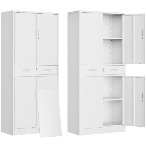 CJF 71" H Tall Metal Storage Cabinet with Drawer, Locking Garage Cabinet with 2 Adjustable Shelves, Heavy-Duty Tool File Storage Cabinets for Home Office, Kitchen, Warehouse, Shop (White) - color: White, size: 71"H - 1 DRAWER