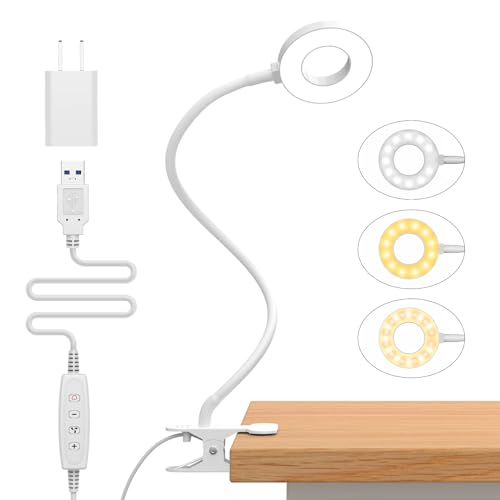 iZELL Book Light, Clip on Reading Light with Silicone Flexible Arm, Dimmable LED Lamparas Clamp on Workbench Desk for Studying Painting Crafting Drawing Makeup Nail Tech Puzzle Task - 27.6‘’ White - size: 27.6'' White