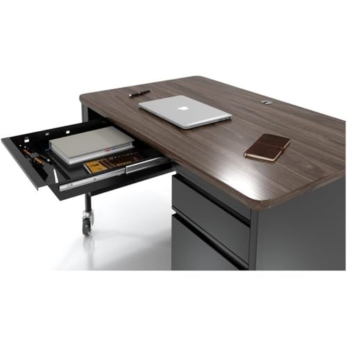 Hirsh 30x48 Mobile Right Hand Single Pedestal Metal Desk T-Mold Top Black/Walnut
