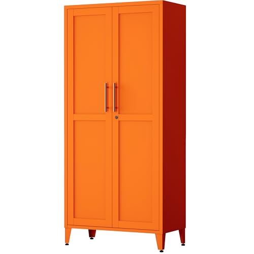 Heavy Duty Metal Cabinet with 3 Adjustable Shelves, Lockable Double Door Storage Locker, 61" Tall Utility Closet for Living Room Home Office Orange 61" H X 27.6" W X 13.8" D - color: Orange, style: 61"H-Cabinets-GY