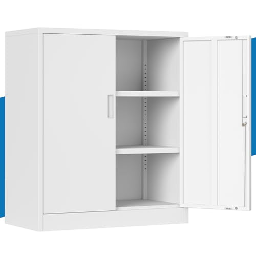 Metal Storage Cabinet, 36" Locking Cabinet with Adjustable Shelves for Garage, Office (White) - color: White, size: 36"H×32"W×16"D