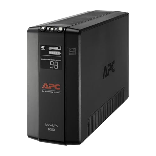 APC 1000VA/600W Pro UPS Battery Backup for Office Electronics, AVR, BX1000M | 1000VA Back-UPS Pro for home offices — 8 outlets, LCD, AVR, surge protection, 42-min runtime (@100W) for PCs & workstations - size: 1000VA