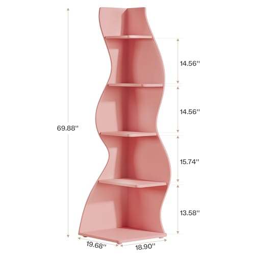 Tribesigns Wavy Corner Shelf, Modern 5-Tier Bookshelf Bookcase with Curvy Shape, Unique Plant Stand Display Rack for Living Room Small Space (Pink) - color: Pink