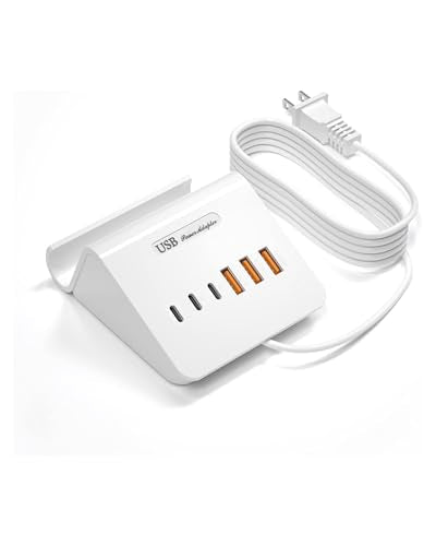 VHBW USB Charging Station, 6 Port 3USB-A and 3USB-C Charging Station for Multiple Devices, Multi USB Nightstand Charger Station with Phone Stand (ETL Listed, 6Ft Extension Cord, White) - color: Normal Charging USB-3A3C-White