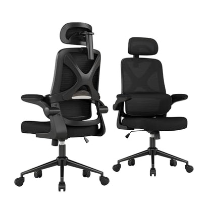 Ergonomic Office Chair - Desk Chair with Adjustable Headrest Lumbar Support Computer Chair - Mesh Comfy Chair with Flip-up Armrests - Gaming Chairs for Adults Home Office (Black+Black) - color: Black+black