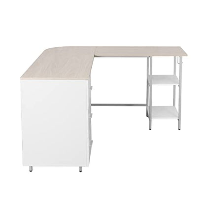Techni Mobili 59" Two-Tone L‑Shaped Office Desk with Storage Shelves, Sand - color: Sand