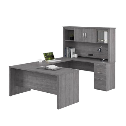 Bestar U or L Shaped Desk with Hutch and Drawers, Bark Grey, Logan, 66W | With Drawers and Hutch; The Bestar Logan U or L Shaped Desk with Drawers and Hutch offers a customizable solution - color: Bark Grey