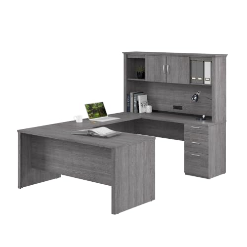 Bestar U or L Shaped Desk with Hutch and Drawers, Bark Grey, Logan, 66W | With Drawers and Hutch; The Bestar Logan U or L Shaped Desk with Drawers and Hutch offers a customizable solution - color: Bark Grey