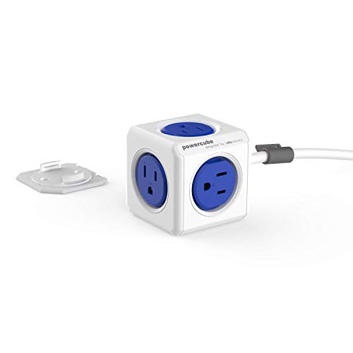 Allocacoc PowerCube Extended Blue Power Strip, 5ft Extension Cord Cube 5 Outlets, Compact Desktop Charging Station, Mounting Dock, Space Saving Surge Protector for Home Office Dorm, ETL Certified