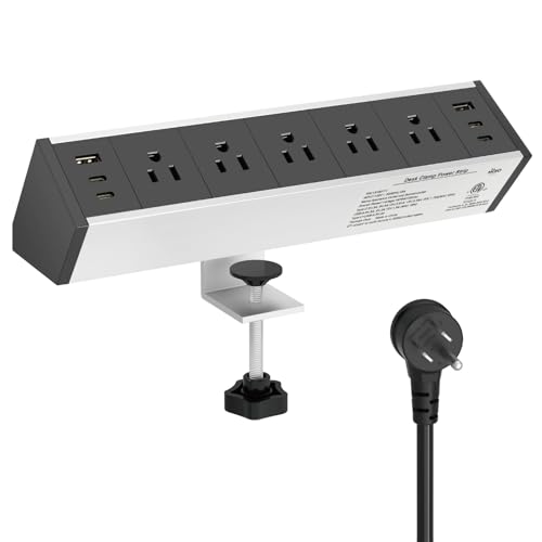 Tecmojo Desk Clamp Power Strip 5 Outlet with 2 USB A and 4 USB C Ports, 6 ft Cord, Desk Outlet Station Fit 1.6" Tabletop Edge, Over Loading Protection, ETL Listed, Black - color: Black, size: 5 Outlets