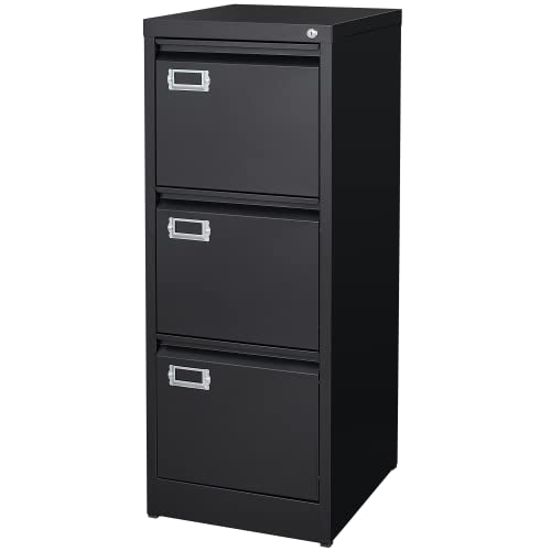 BYNSOE 3 Drawer File Cabinet with Lock Metal Vertical File Cabinet Office Home Narrow File Cabinet for A4 Legal/Letter Size,Assembly Required (Black, 3 Drawers-Vertical) - color: Black, size: 38.62"H x 17.71"D x 15"W