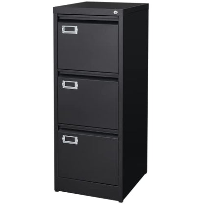 BYNSOE 3 Drawer File Cabinet with Lock Metal Vertical File Cabinet Office Home Narrow File Cabinet for A4 Legal/Letter Size,Assembly Required (Black, 3 Drawers-Vertical) - color: Black, size: 38.62"H x 17.71"D x 15"W