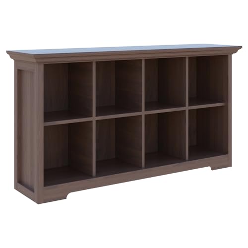 8-Cube Open Bookcase with Base, 2-Tier Low Cabinet, Walnut | Curved Base, Crown Molding, Fits 11×11" Bins, Modern Bookshelf for Living Room, Bedroom, Home Office, TV Stand Storage - color: Walnut, size: 8-Cube
