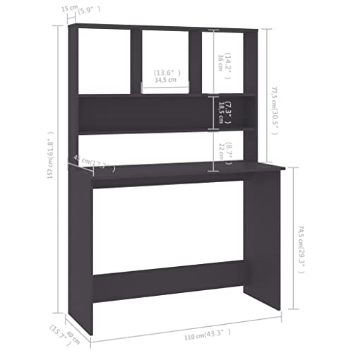 Desk with Shelves Gray, Vertical Small Space Desk with Engineered Wood, 43.3x17.7x61.8 Inches, Organize Folders and PC Equipment - color: Grey