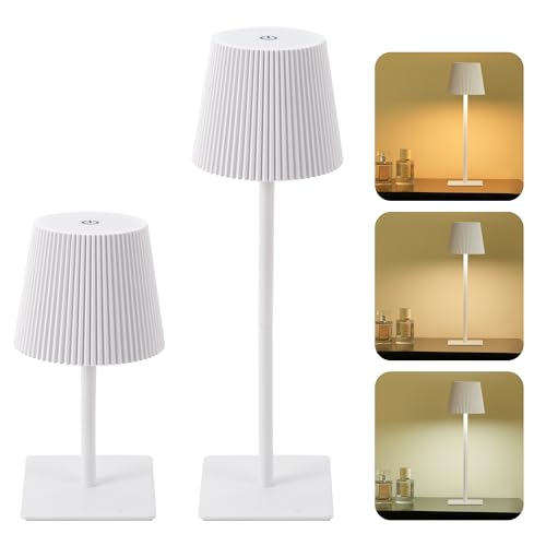 LUTEC 2 Pack Cordless Table Lamp,6000mAh Rechargeable Battery Operated Desk Lamp,Two Adjustable Heights,Waterproof, Touch Control & 3 Color Stepless Dimming for Restaurant/Bedroom/Bars/Outdoor (White) - color: White
