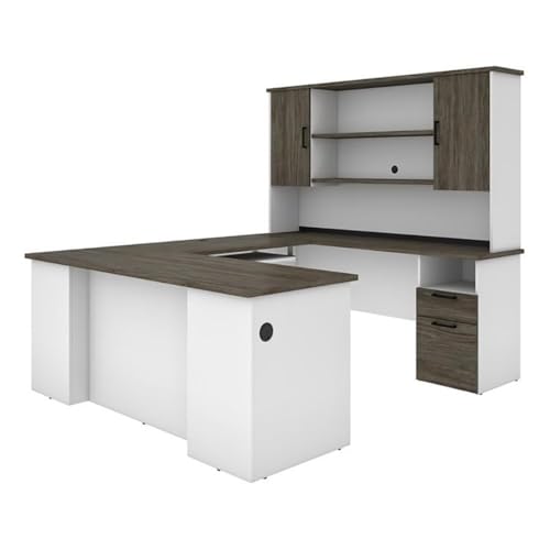 Pemberly Row Transitional U Shaped Computer Desk with Hutch, Gray/White Finish, Laminated Wood, 71"W x 88.4"D x 70"H, Reversible Design, Storage Drawers, Adjustable Shelves, Home Office Workstation - color: Walnut Gray-white