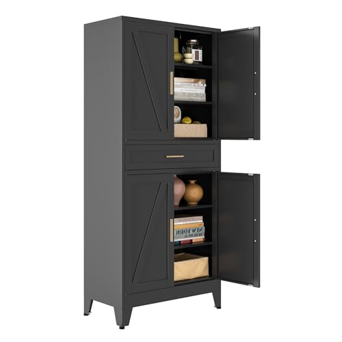 Bevivog 71" Kitchen Pantry Cabinet, Metal Storage Cabinet with Drawer, 2 Doors and 4 Adjustable Shelves Cabinet for Home Office Laundry Living Room Farmhouse Black Metal Pantry - color: Black, size: 71"H-Middle Drawer