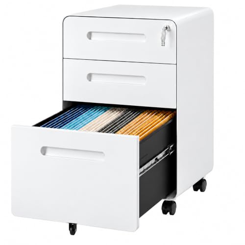 SAWJEC 3 Drawer File Cabinet with Lock, Rolling Under Desk Storage, White - color: 02l-white