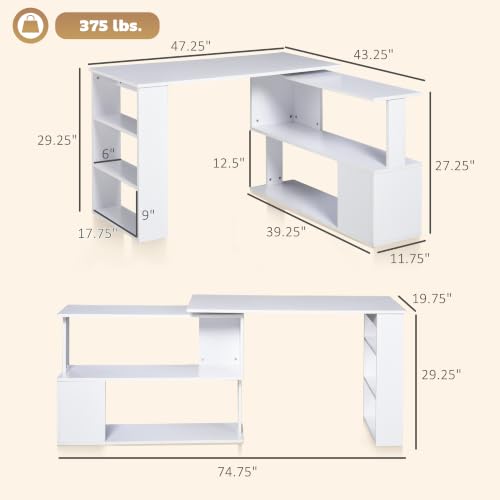 HOMCOM 47 Inch L Shaped Desk, Home Office Table, 360 Degree Rotating, White - color: White