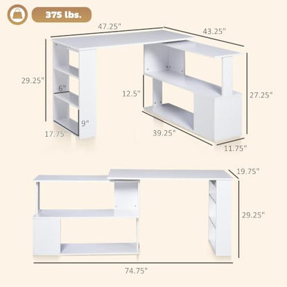 HOMCOM 47 Inch L Shaped Desk, Home Office Table, 360 Degree Rotating, White - color: White