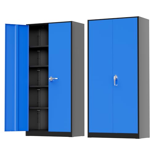 Greenvelly Metal Storage Cabinet with Doors and Shelves, 72" Inch Locking Metal Cabinet,Garage Storage Cabinet for Garage Office School Warehouse (Black Blue) - color: Black Blue, size: 72 Inch - Large