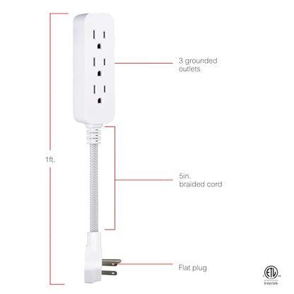 GE 3-Outlet Power Strip 5 Inch Braided Extension Cord with Multiple Outlets - size: 5 Inch