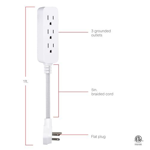 GE 3-Outlet Power Strip 5 Inch Braided Extension Cord with Multiple Outlets - size: 5 Inch