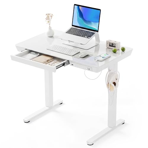 Claiks Small Glass Standing Desk with Drawers & USB Ports 32x19 White | 3 Steps Quick Install, Buil in Drawer, USB Ports, Ultra White One-Piece Glass Top, Writable Top - color: Super White Glass, size: 32 inch