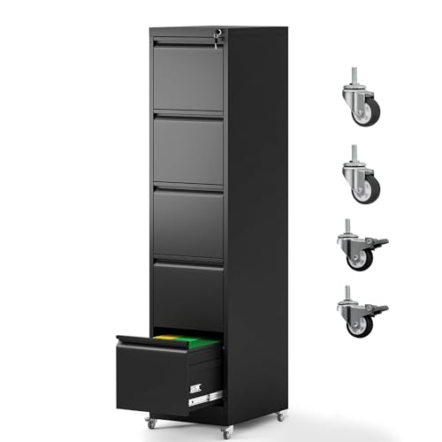 5 Drawer File Cabinet with Wheels, Metal Mobile File Cabinet with Lock, Rolling Filing Cabinet Home Office for Hanging File Folders, Letter Size, Legal Size, A4 Size, Require-Assembled, Black - color: Black, size: 64.10"H-5 Drawer