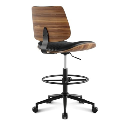 Drafting Chair with Adjustable Footrest, Rolling Walnut Stool, Black - color: Black