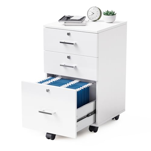 VINGLI 3-Drawer File Cabinet with Lock, Wood Rolling Filing Cabinets for Home Office, Mobile Printer Stand, Under Desk File Organizer for Letter Sized Files, 26" H(Caster Included), White - color: Classic White, size: Standard 3 Drawer