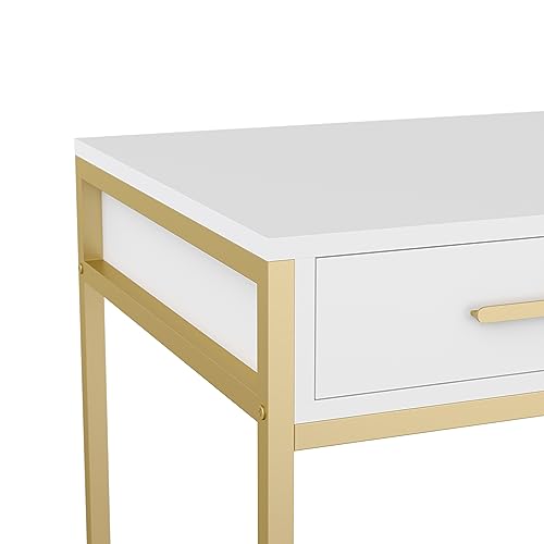 Martha Stewart Ollie Home Office Desk with 3 Drawers in White with Polished Brass Hardware - color: White Top/Polished Brass Frame
